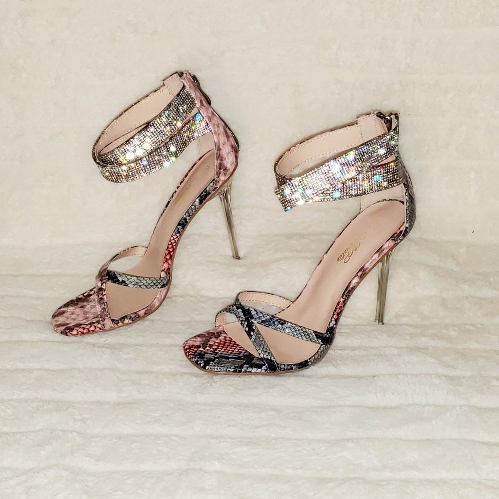 Pink Snake Print Rhinestone Double Ankle Strap Closed Back High Heel Shoes